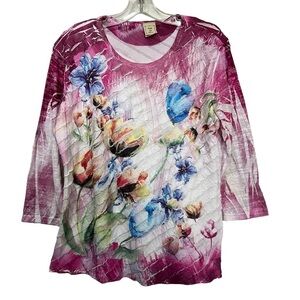 Jess & Jane Small Made USA Watercolor Floral Spring Summer 3/4 Sleeve Blouse R3